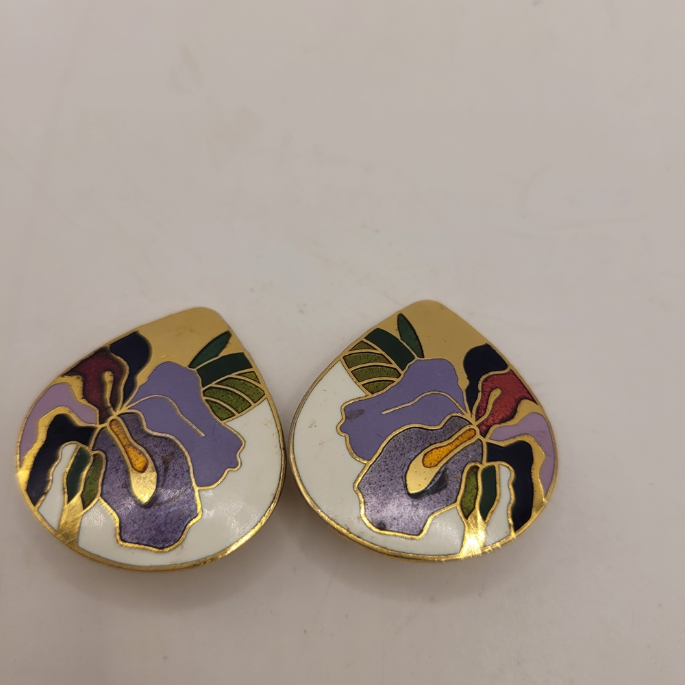 Floral Enamel Earrings - Gold and Purple